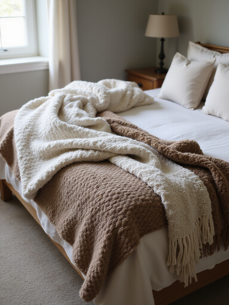 Cozy bedroom with layered textured throw blankets draped over the foot of the bed