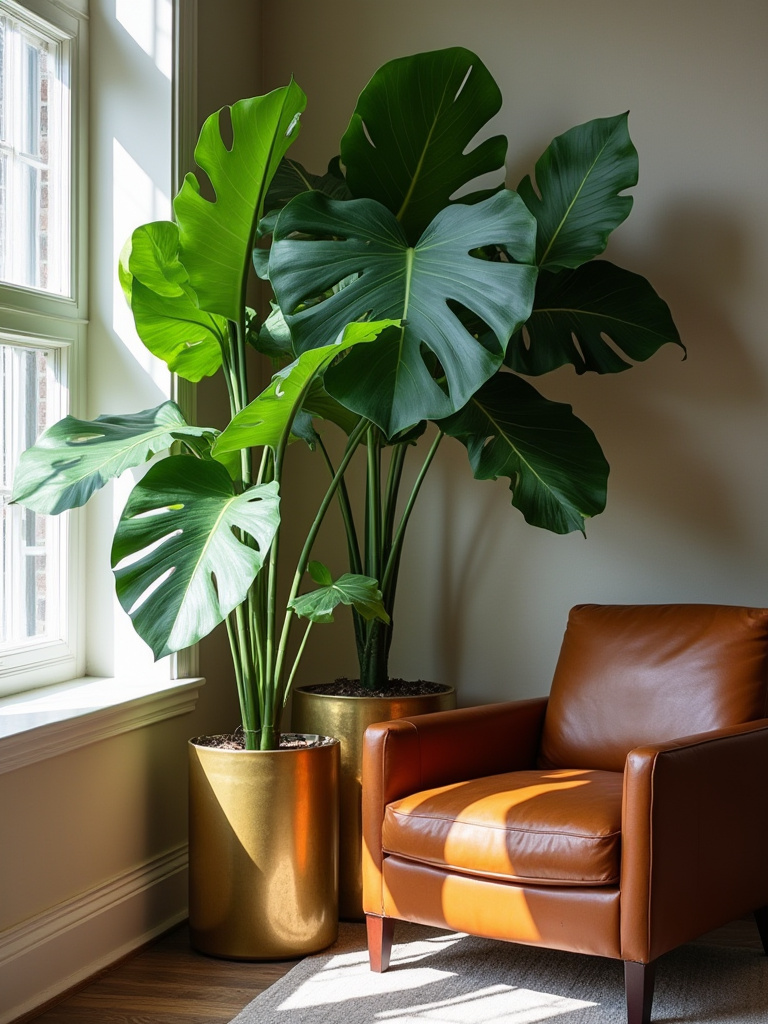 Luxurious living room corner with vibrant lush plants in designer planters by natural light