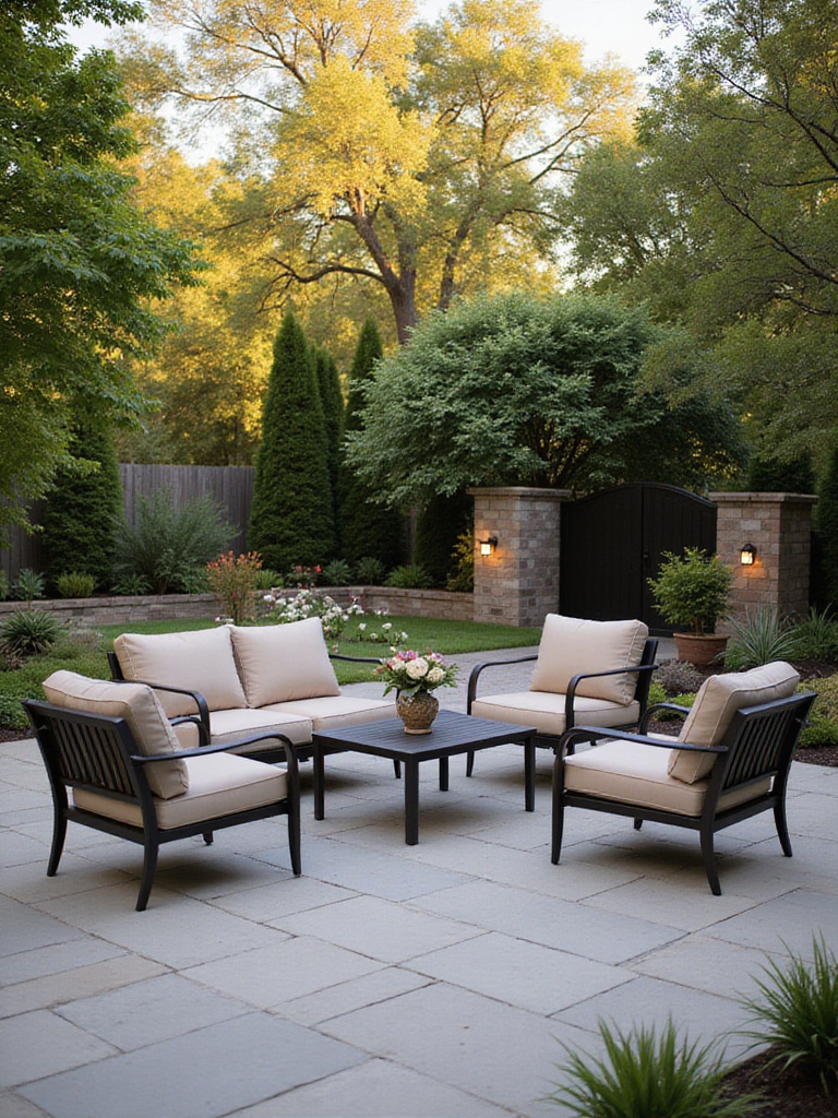Backyard patio featuring weather-resistant furniture with stylish, comfortable cushions on stone flooring under natural sunlight