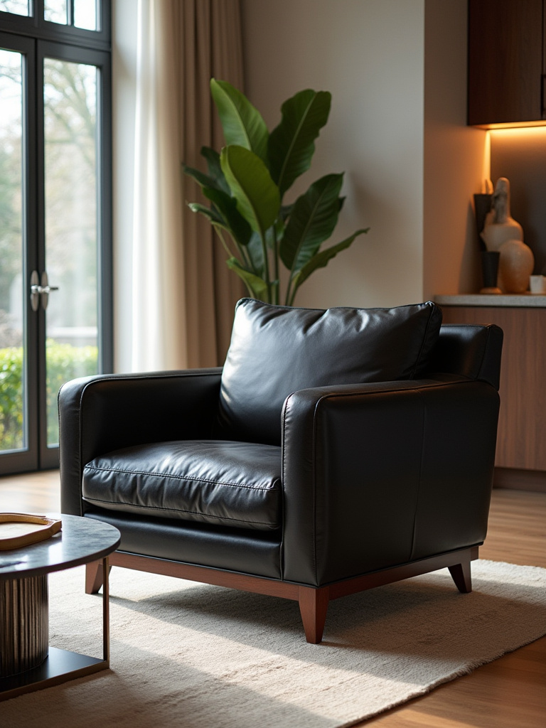 Iconic comfortable statement furniture piece in a luxurious living room setting with elegant lighting and decor