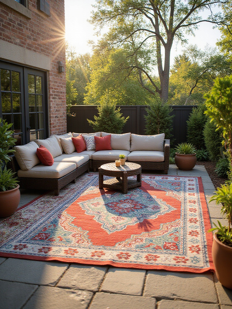 Backyard patio with outdoor rug defining a cozy seating area, textured stone floor, and warm sunlight