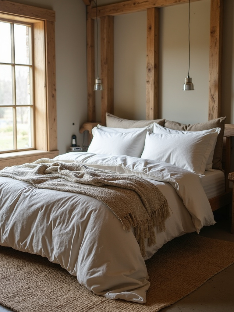 Vertical shot of a rustic bedroom with layered linen sheets, linen duvet, wool throw, and warm daylight on textured fabrics.