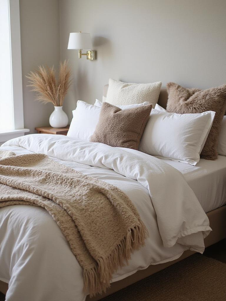 Layered plush bedding on a cozy bed featuring sheets, duvet, knit blanket, and decorative throws in a softly lit bedroom