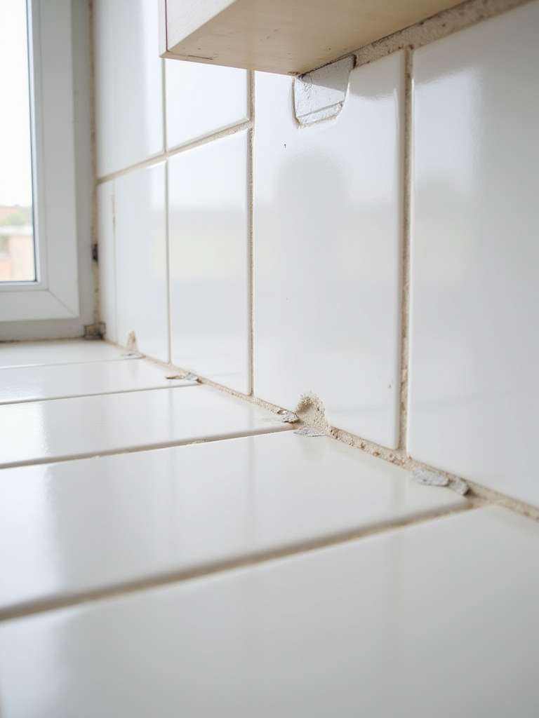Close-up portrait photo of evenly spaced ceramic tiles with tile spacers on a kitchen backsplash installation