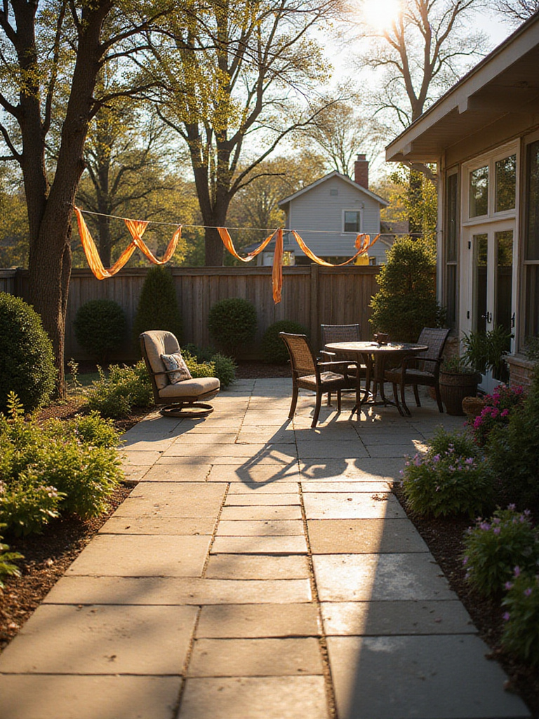 Backyard patio with sun path markings and fluttering ribbons showing sun exposure and prevailing wind directions