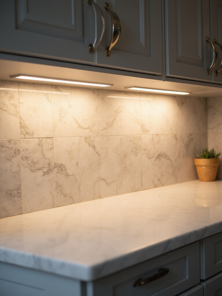 Modern kitchen backsplash illuminated by integrated under-cabinet LED strip lighting highlighting marble tiles and white quartz countertop