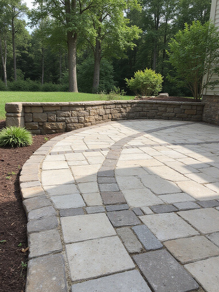 Backyard patio with newly installed efficient drainage system featuring channel drains and permeable pavers