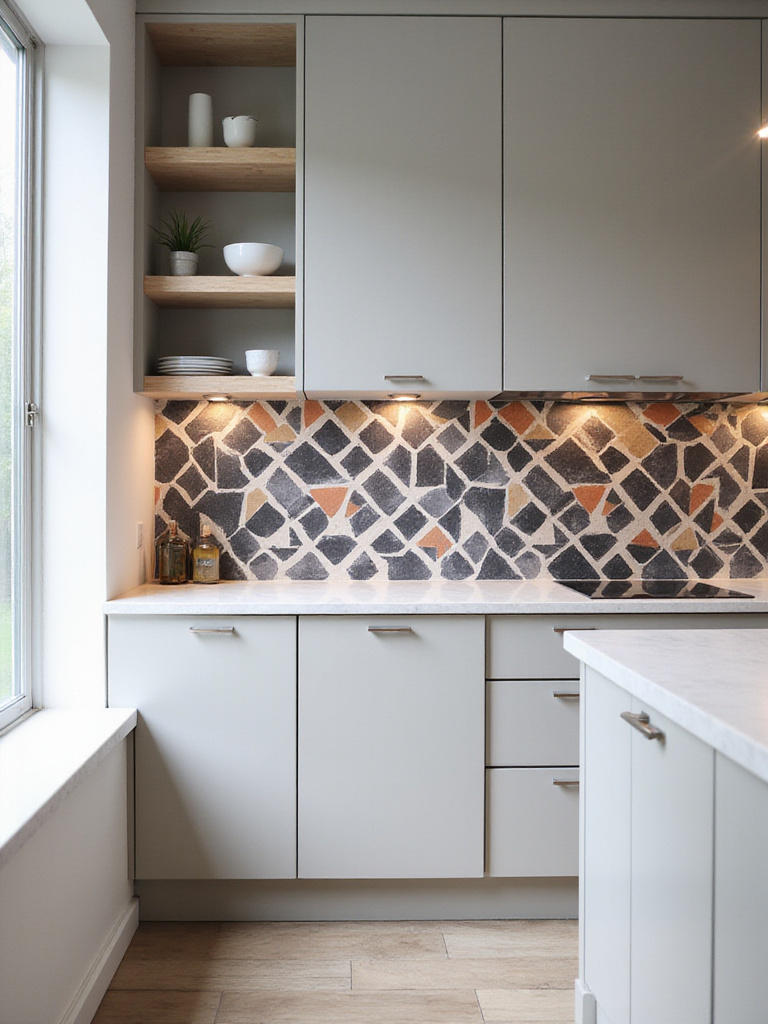Vertical modern kitchen with bold abstract geometric wallpaper on an accent wall behind a breakfast bar, white cabinets, and warm lighting.