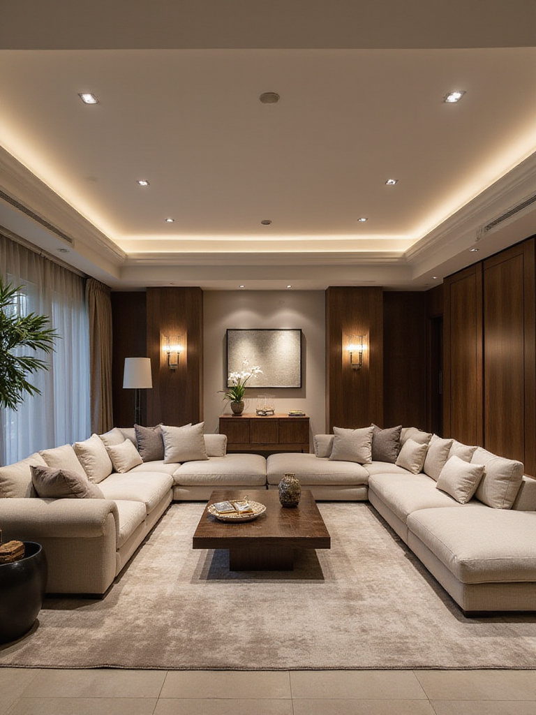 Luxurious living room with grand scale layout, oversized furniture, and spacious flow