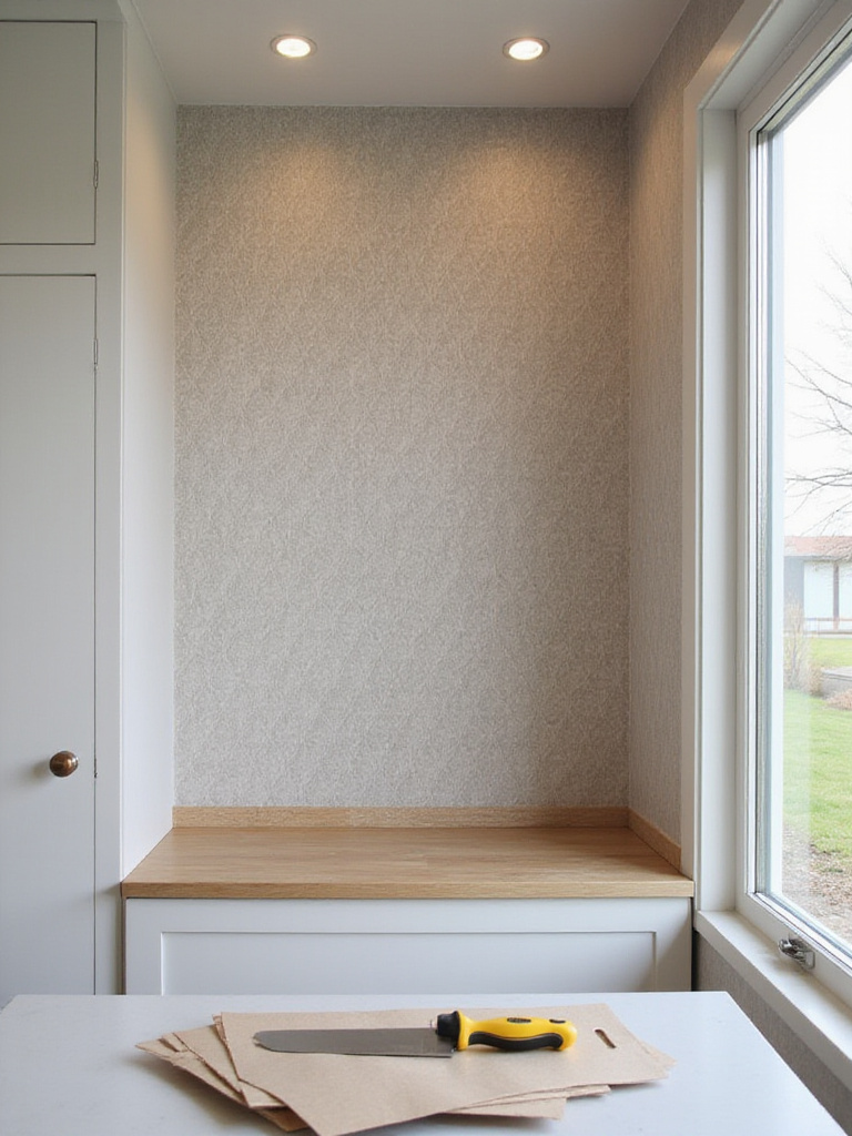 Portrait of a modern kitchen nook with seamless wallpaper seams and templating on a clean work surface