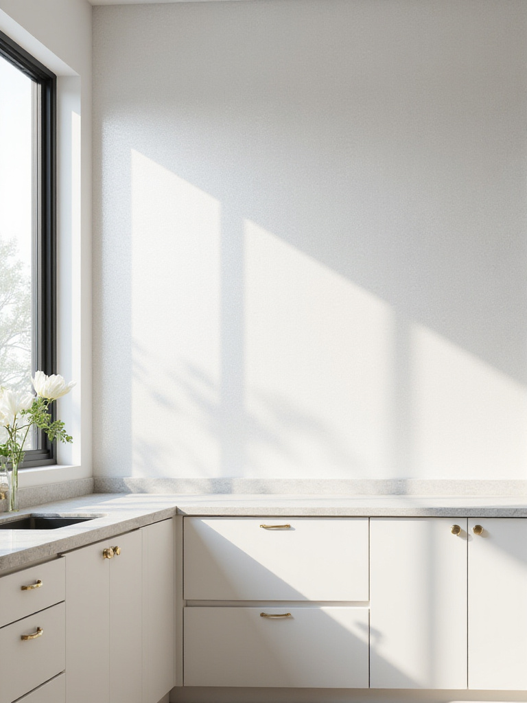 Vertical kitchen wall with light-reflective wallpaper and bright daylight, no people
