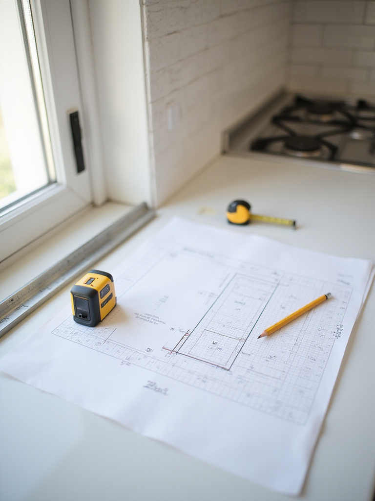 Close-up portrait shot of a kitchen backsplash measurement setup with laser distance measurer, steel tape, and backsplash layout sketch on graph paper