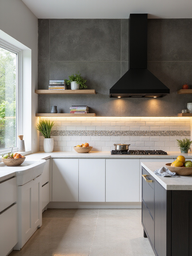 Vertical kitchen scene showing multiple tile textures defining cooking, prep, and dining zones