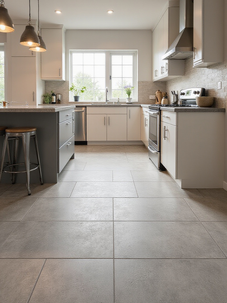 Portrait of a modern kitchen floor with durable porcelain tiles in a matte gray tone