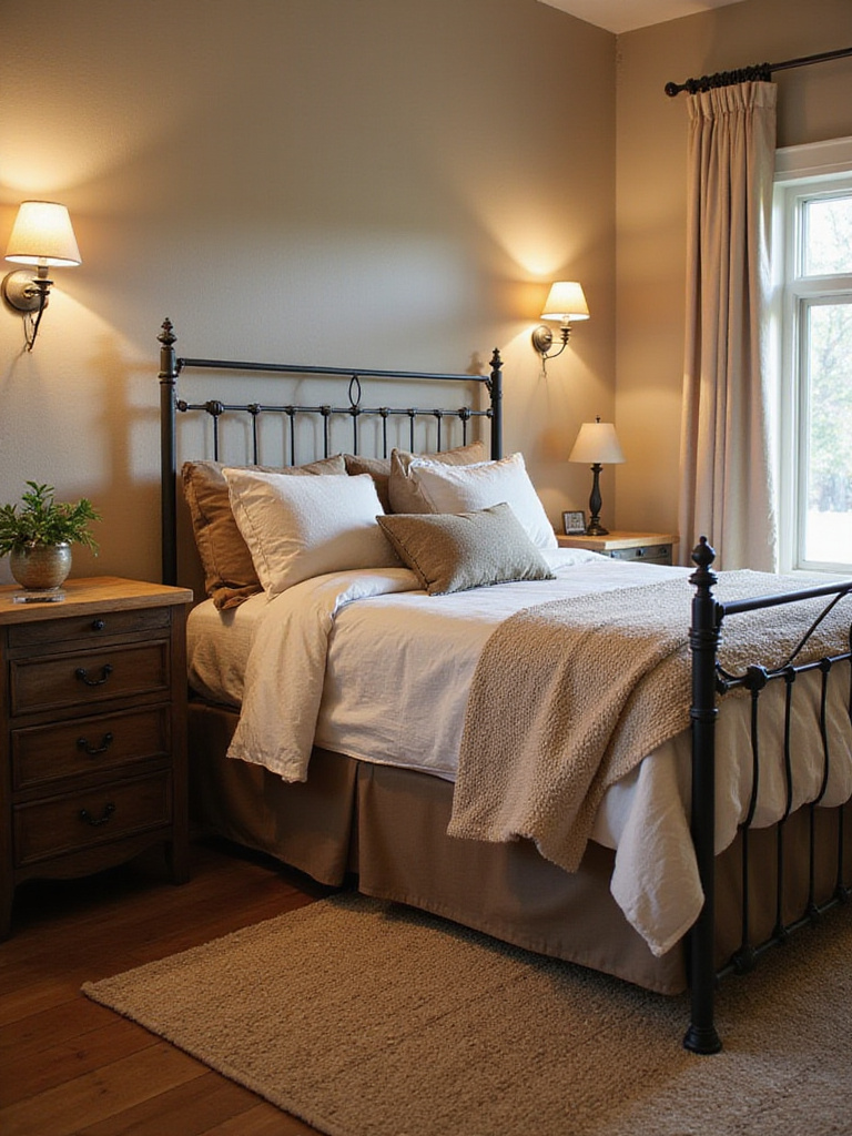 Vertical rustic bedroom with forged iron bedside tables and wood tops