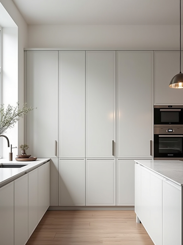 Portrait shot of a modern kitchen with handleless integrated cabinetry and seamless, hardware-free fronts.