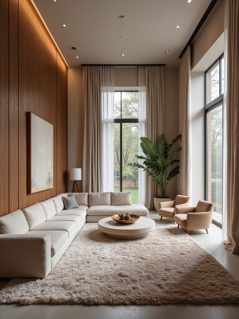 Luxurious living room with plush rugs, velvet drapes, and acoustic wall panels showcasing strategic sound buffering for optimal acoustic comfort