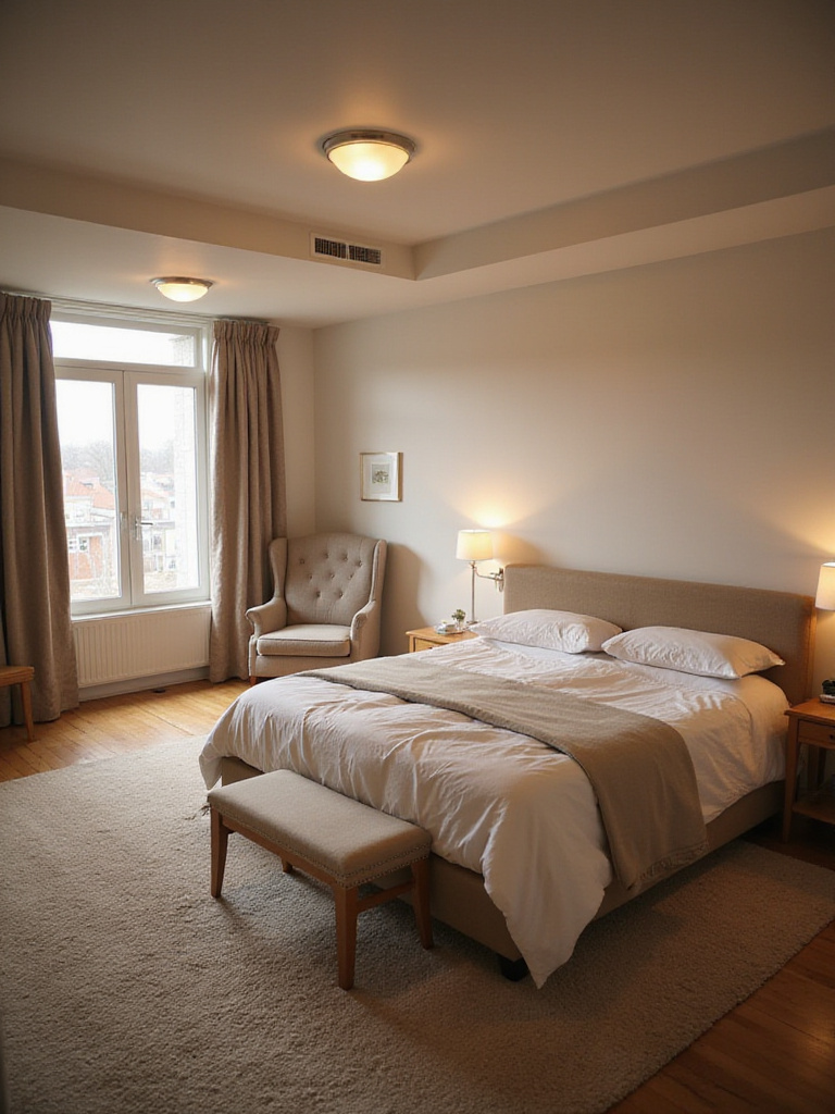Cozy bedroom with optimized furniture layout creating intimate and welcoming zones, featuring bed, reading nook, and clear pathways