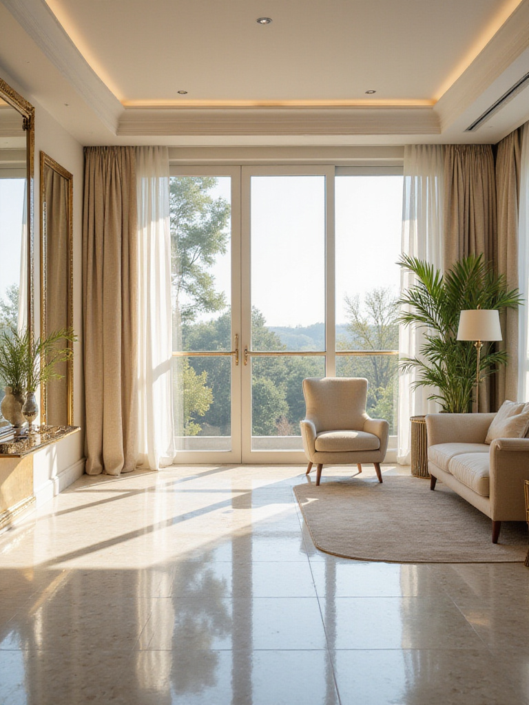 Luxurious living room portrait with large windows and natural light integration creating ambient brilliance