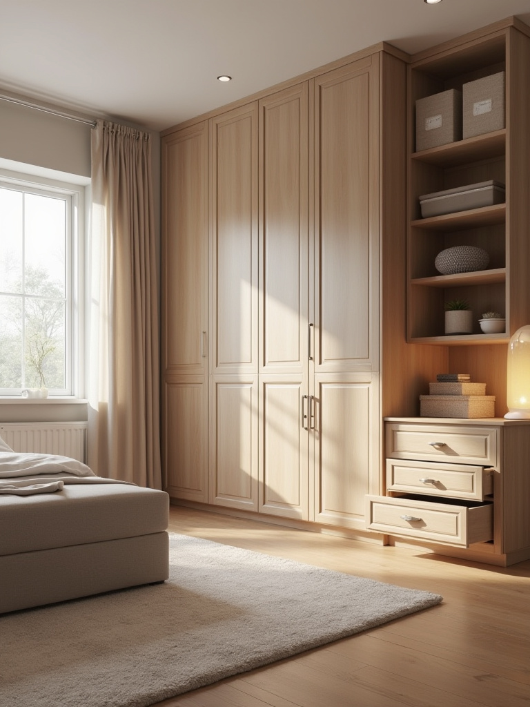Cozy clutter-free bedroom with optimized vertical and under-bed storage solutions and multi-functional furniture