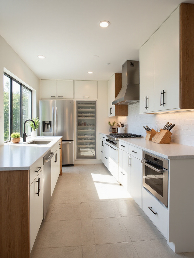 Vertical modern kitchen showing clearly defined workflow zones for storage, prep, cooking, and cleanup.