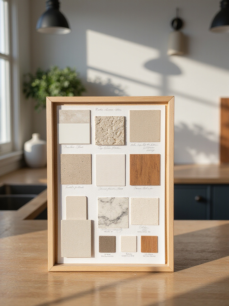 Kitchen backsplash sample board with tile swatches and countertop finish samples on wooden countertop under natural light