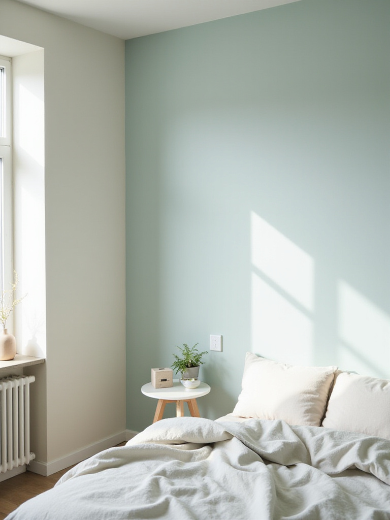 Freshly painted bedroom walls in a soft budget-friendly hue with natural lighting, modern minimal furnishings, and a bright airy atmosphere