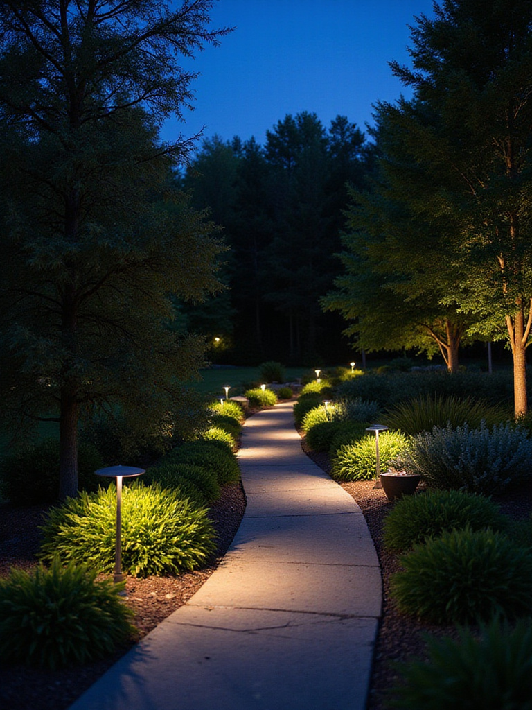 Backyard stone pathway illuminated by warm strategic pathway lighting at twilight with lush greenery