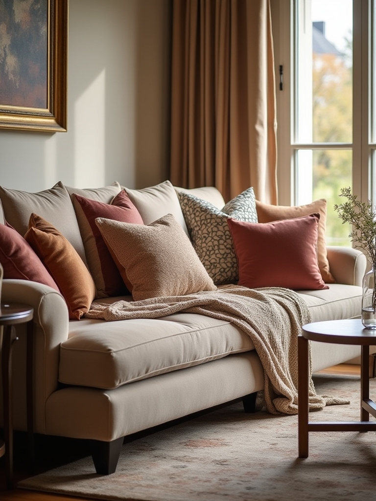 Luxurious living room sofa with a variety of decorative pillows and a neatly draped throw blanket in warm natural light