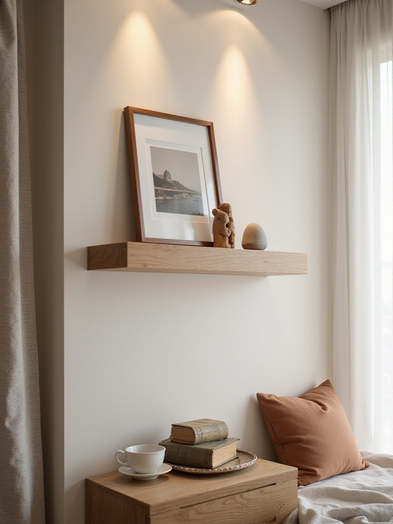 Vertical photo of a modern bedroom vignette with floating shelf and nightstand displaying curated keepsakes — framed photo, wooden figurine, stone, vintage books and porcelain teacup under warm accent lighting.