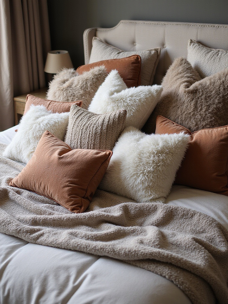 Close-up portrait of a bed piled with decorative pillows in velvet, faux fur, and knit textures, creating a luxurious and cozy bedroom look