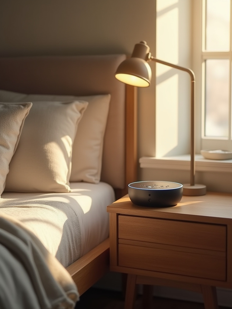 Cozy bedroom nightstand with a modern sound machine emitting ambient noise for relaxation