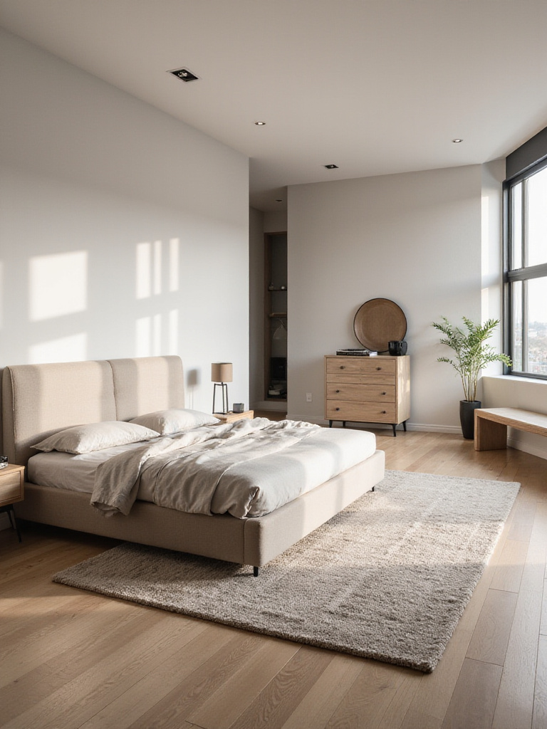 Portrait view of a modern bedroom showing an anchored bed, floating nightstands, tall dresser, and clear pathways for optimal furniture flow.