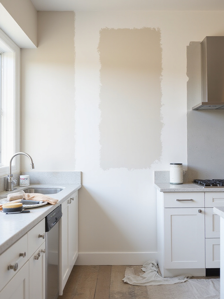 Vertical kitchen wall prepped for wallpaper with patches, primer, and tools on the counter