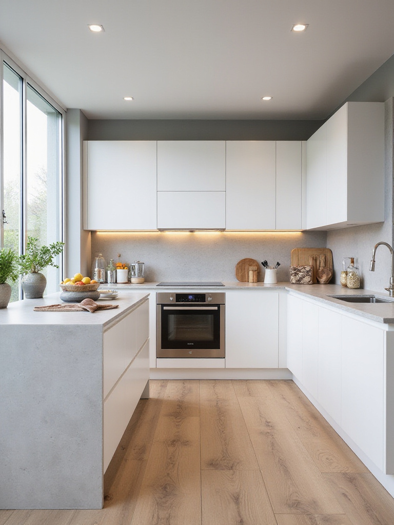 Modern kitchen with clean lines, uncluttered countertops, and integrated appliances