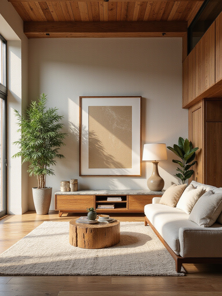 Luxurious living room showcasing premium sustainable natural materials like hardwood furniture, marble surfaces, and natural fiber soft furnishings in warm natural light