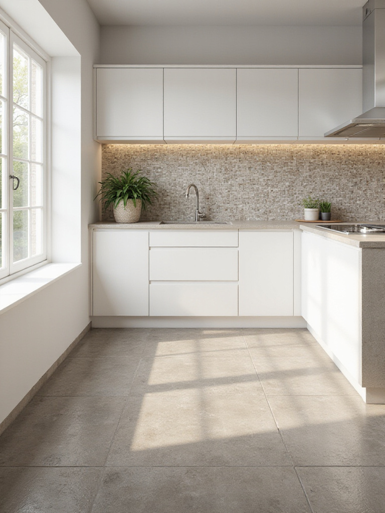 Portrait-style kitchen scene showing large-format porcelain floor tiles with visible grout lines and glass mosaic backsplash