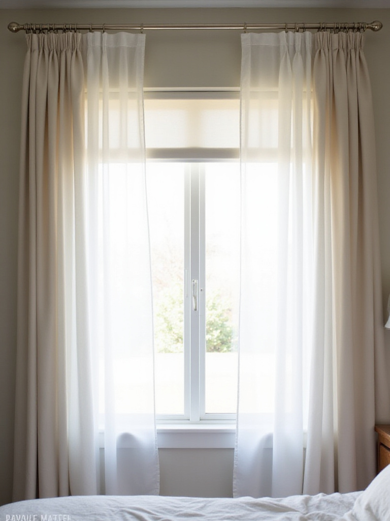 Bright bedroom window with layered sheer and blackout curtains enhancing natural light and privacy