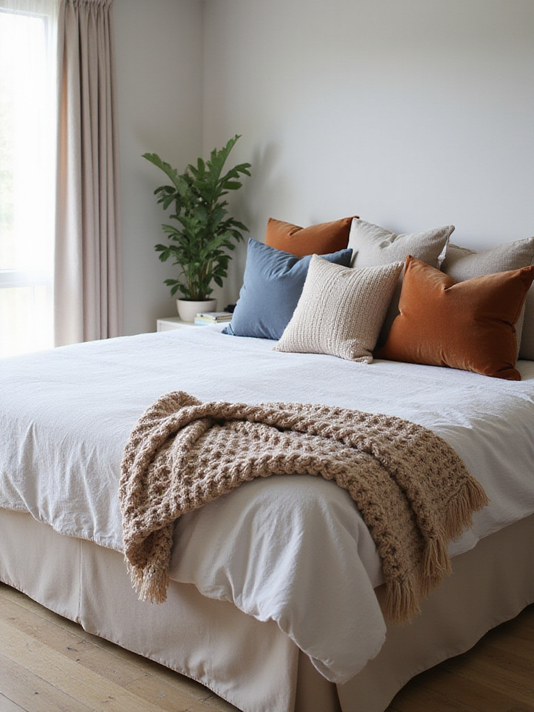 Queen bed with layered high-impact decorative pillows and a chunky knit throw blanket in a bright, modern bedroom