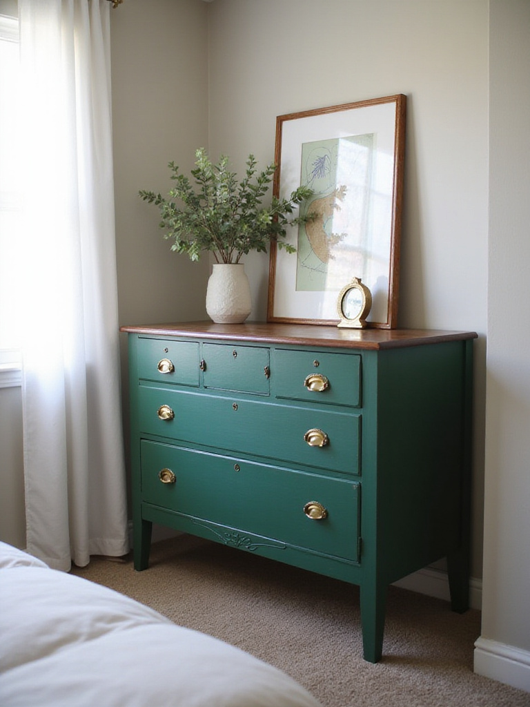 Repurposed vintage wooden dresser with fresh matte forest green paint and new brass hardware in a cozy bedroom corner