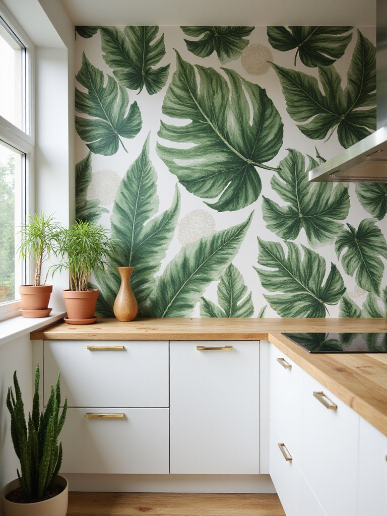 Portrait-style shot of a modern kitchen showing an accent wall with biophilic wallpaper, lush green prints, natural light, no people.