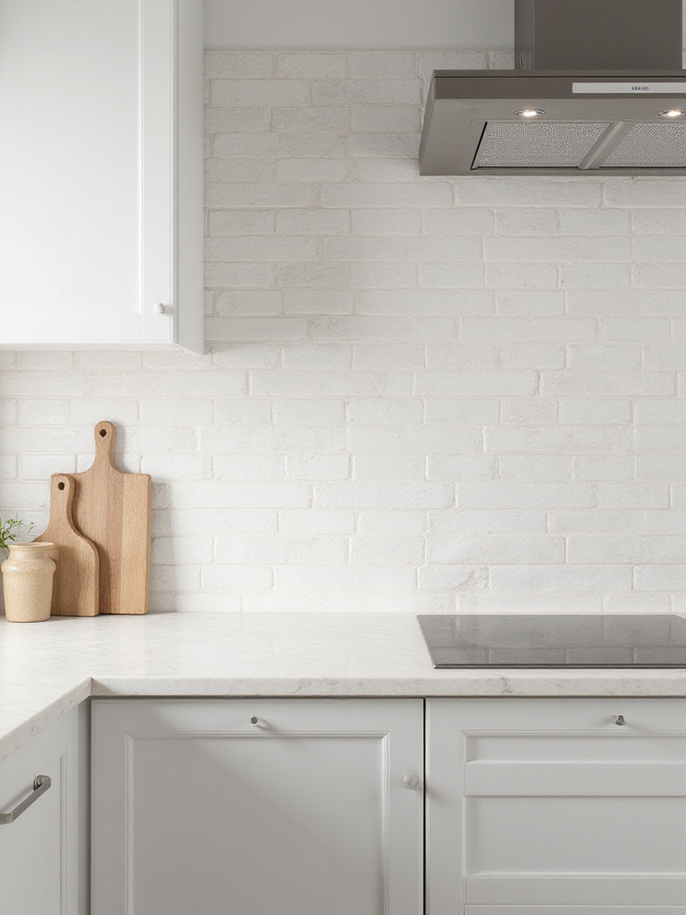 Classic ceramic or porcelain tile kitchen backsplash with smooth glazed finish and bright natural lighting