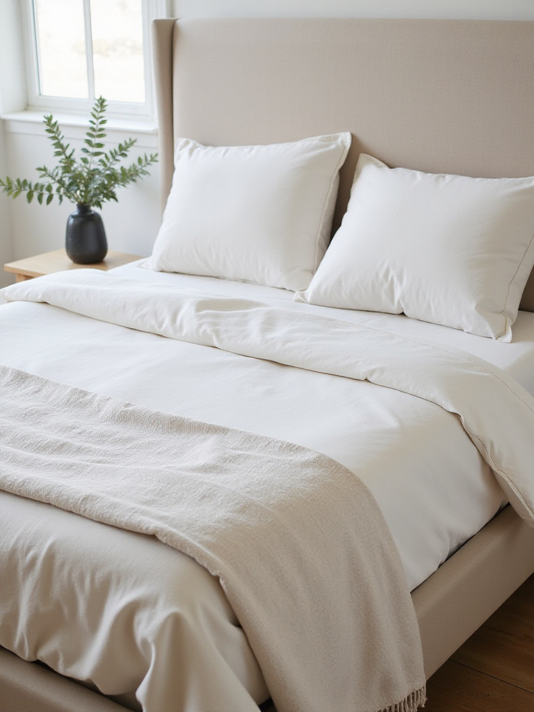 Portrait photo of a modern bed made with crisp high-quality linens — layered percale sheets, linen duvet, and textured throw in a neutral bedroom