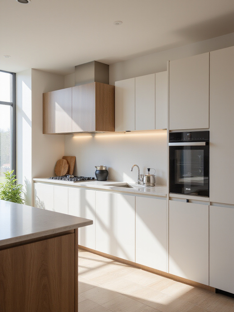 Modern kitchen with flush-panel integrated appliances and warm lighting