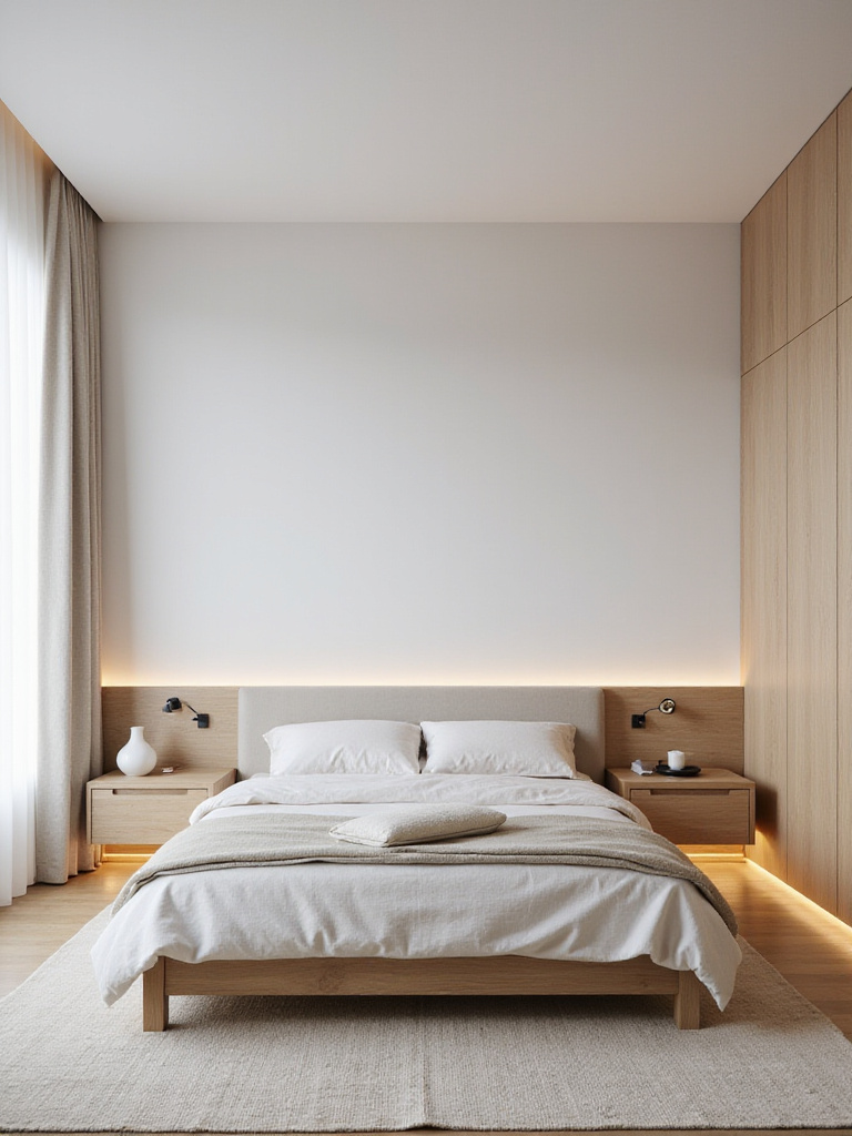 Portrait photo of a minimalist bedroom with a low-profile platform bed, flush-front nightstands, and soft natural light highlighting clean-lined furniture.