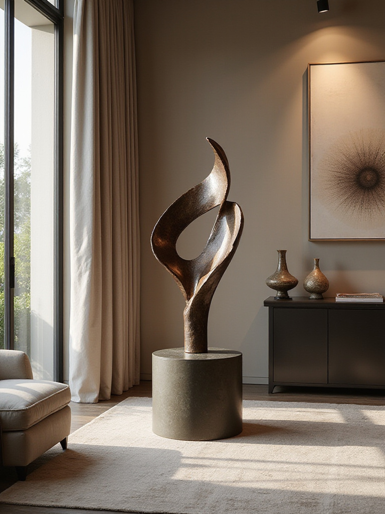 Luxurious living room corner featuring a unique bronze abstract sculpture on a bespoke pedestal with warm accent lighting