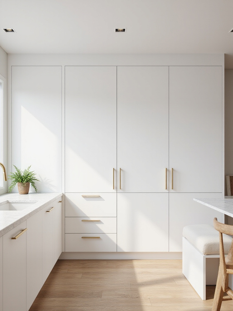 Vertical interior shot of a contemporary kitchen with a serene minimalist color palette