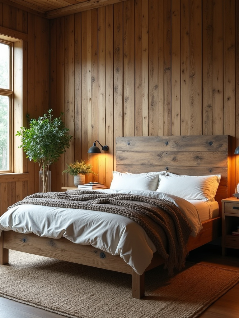 Rustic bedroom with a sturdy reclaimed wood bed frame, warm neutrals, visible patina, textured textiles