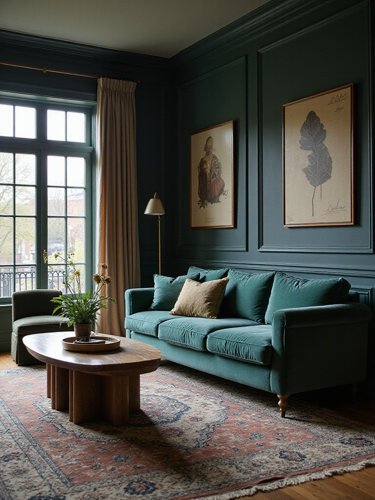 Luxurious living room featuring a timeless rich primary color palette with deep jewel tones and elegant textures