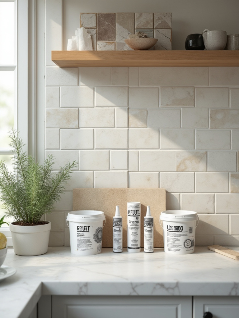 Various tile adhesives and grouts displayed with tile samples for kitchen backsplash installation